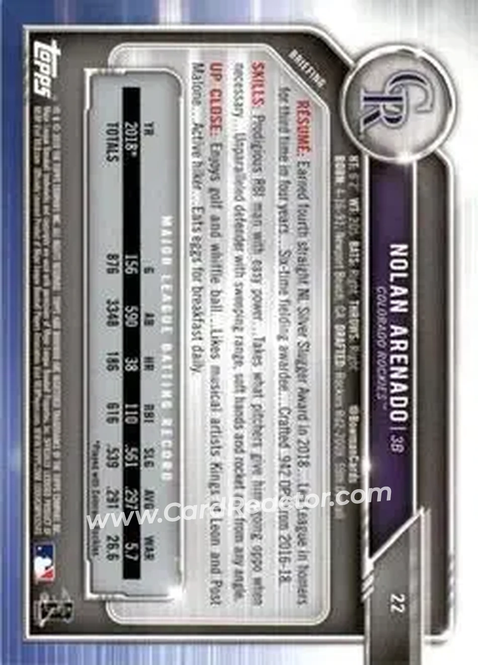 2019 Bowman - Green #22 - Nolan Arenado - Colorado Rockies - Back 2019 Bowman - Green #22 - Nolan Arenado - Colorado Rockies - Back