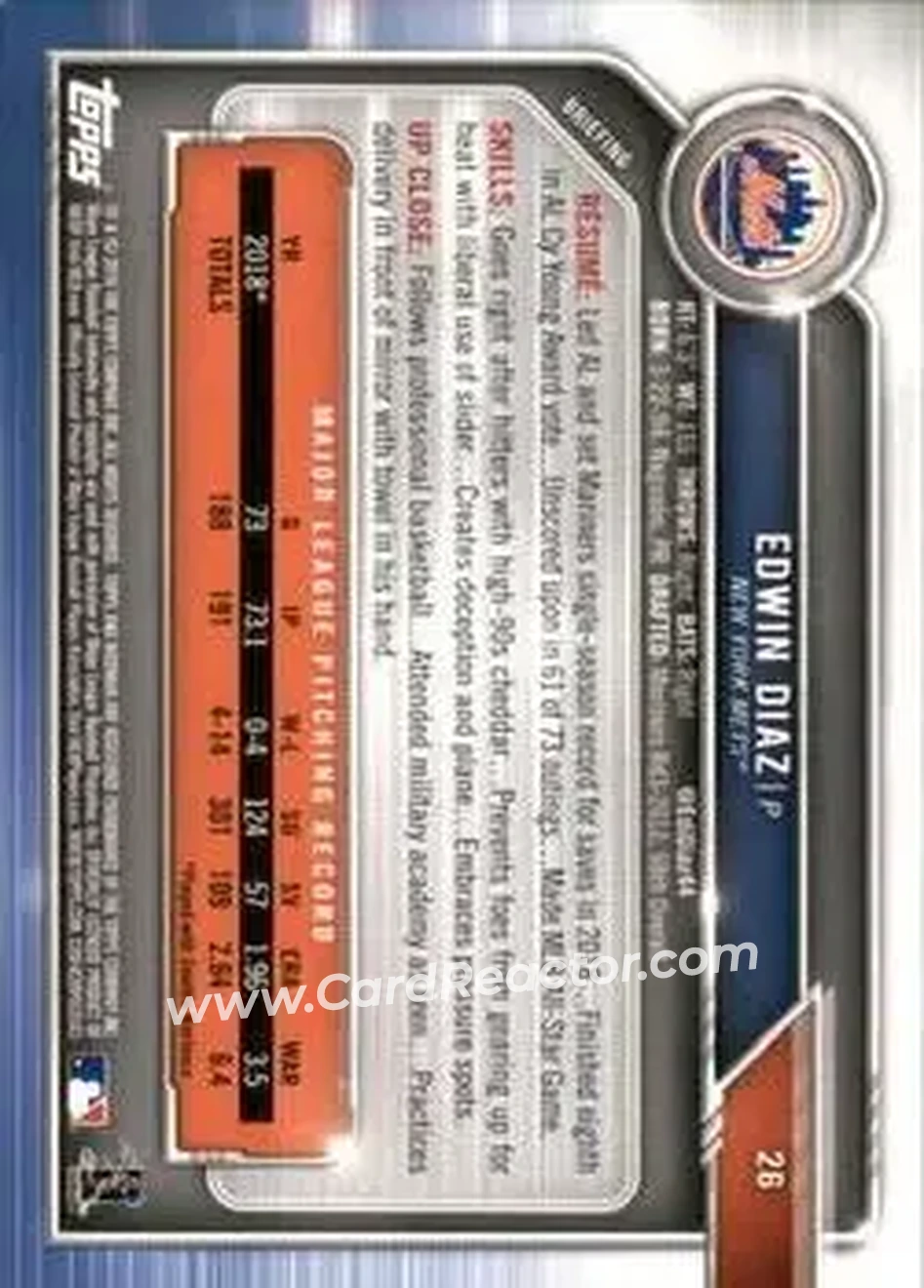 2019 Bowman - Green #26 - Edwin Díaz - New York Mets - Back