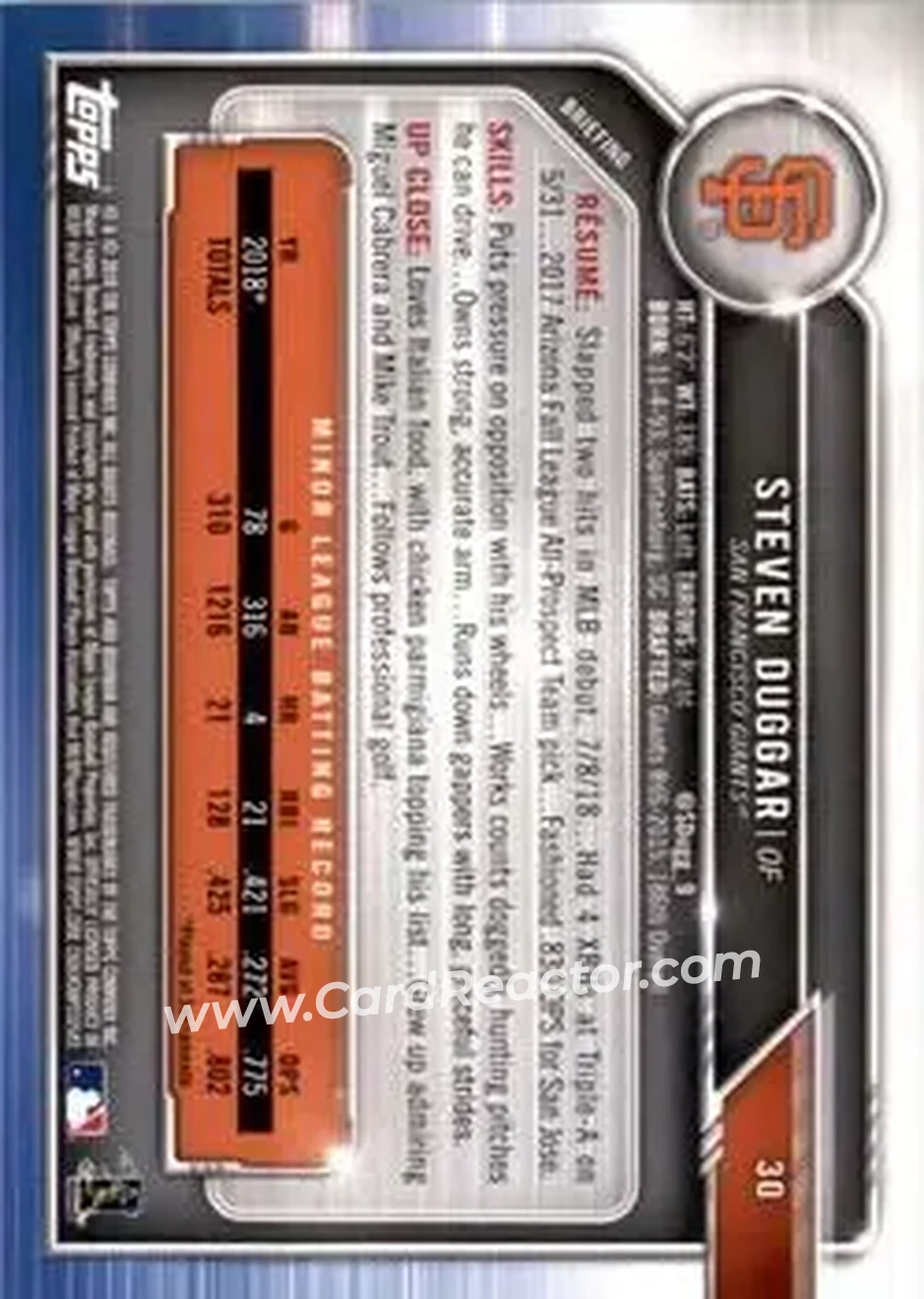 2019 Bowman - Green #30 - Steven Duggar - San Francisco Giants - Back
