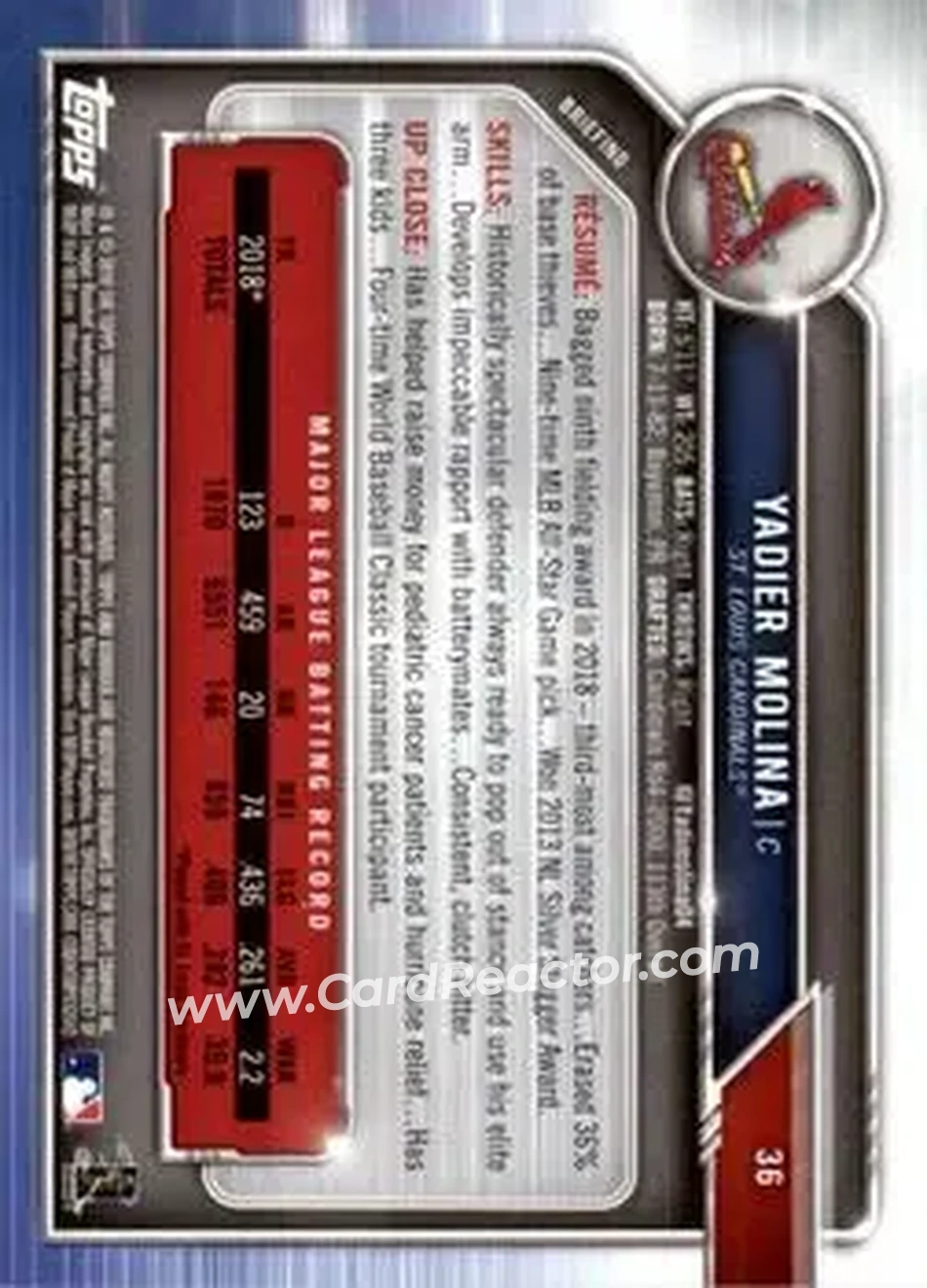 2019 Bowman - Green #36 - Yadier Molina - St. Louis Cardinals - Back