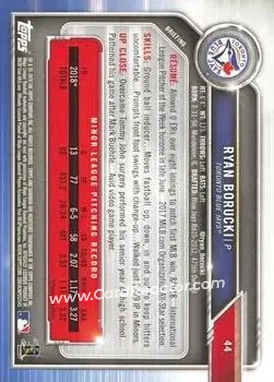 2019 Bowman - Green #44 - Ryan Borucki - Toronto Blue Jays - Back