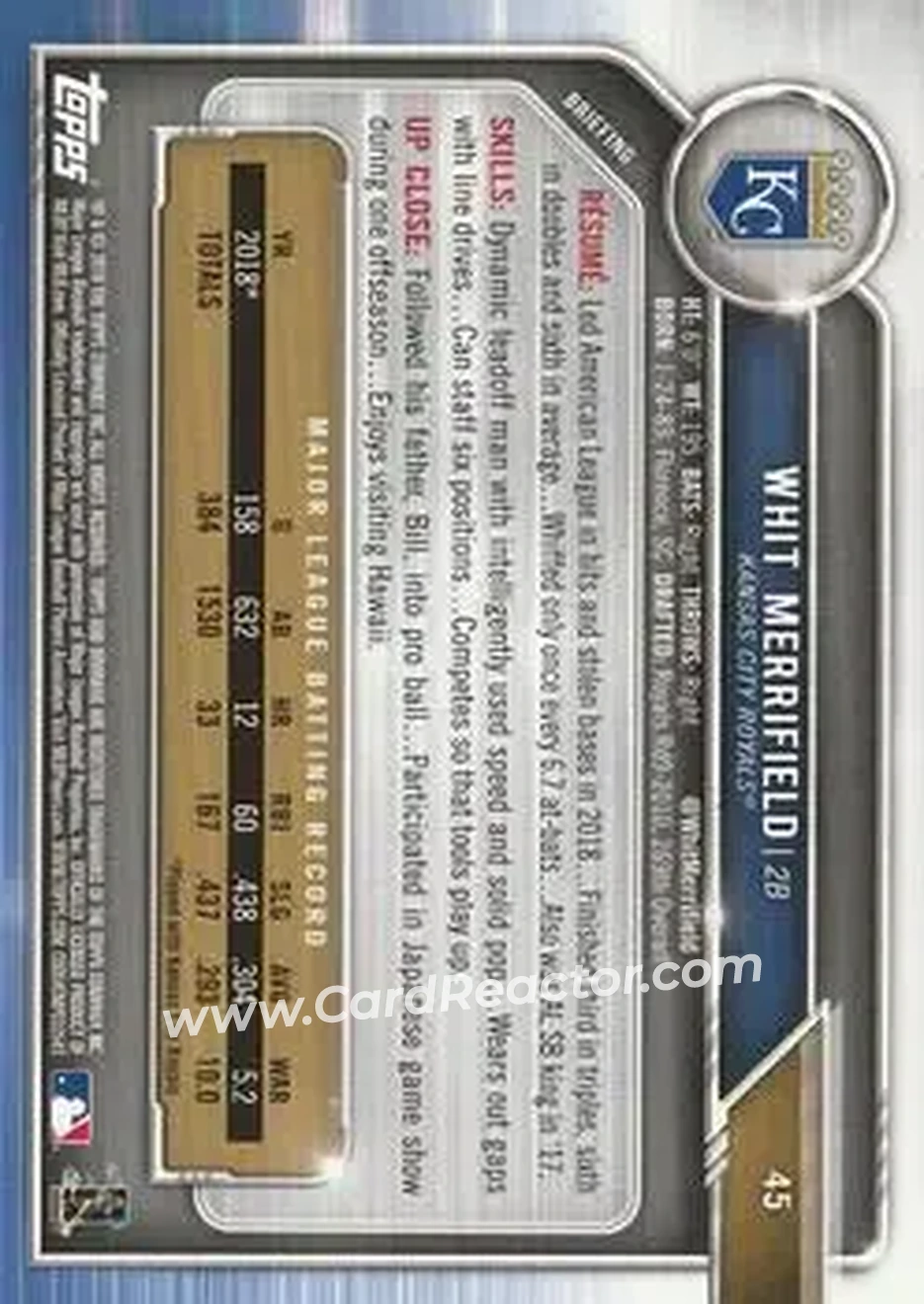 2019 Bowman - Green #45 - Whit Merrifield - Kansas City Royals - Back