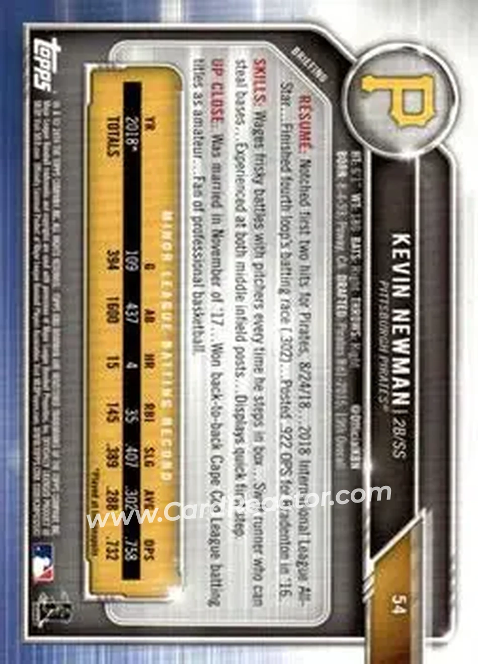 2019 Bowman - Green #54 - Kevin Newman - Pittsburgh Pirates - Back
