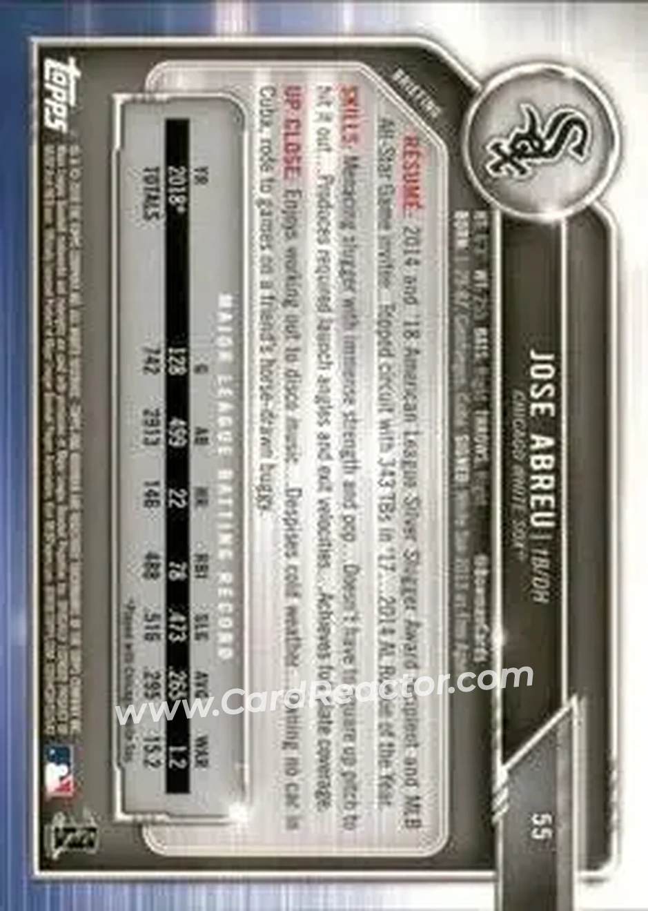 2019 Bowman - Green #55 - Jose Abreu - Chicago White Sox - Back