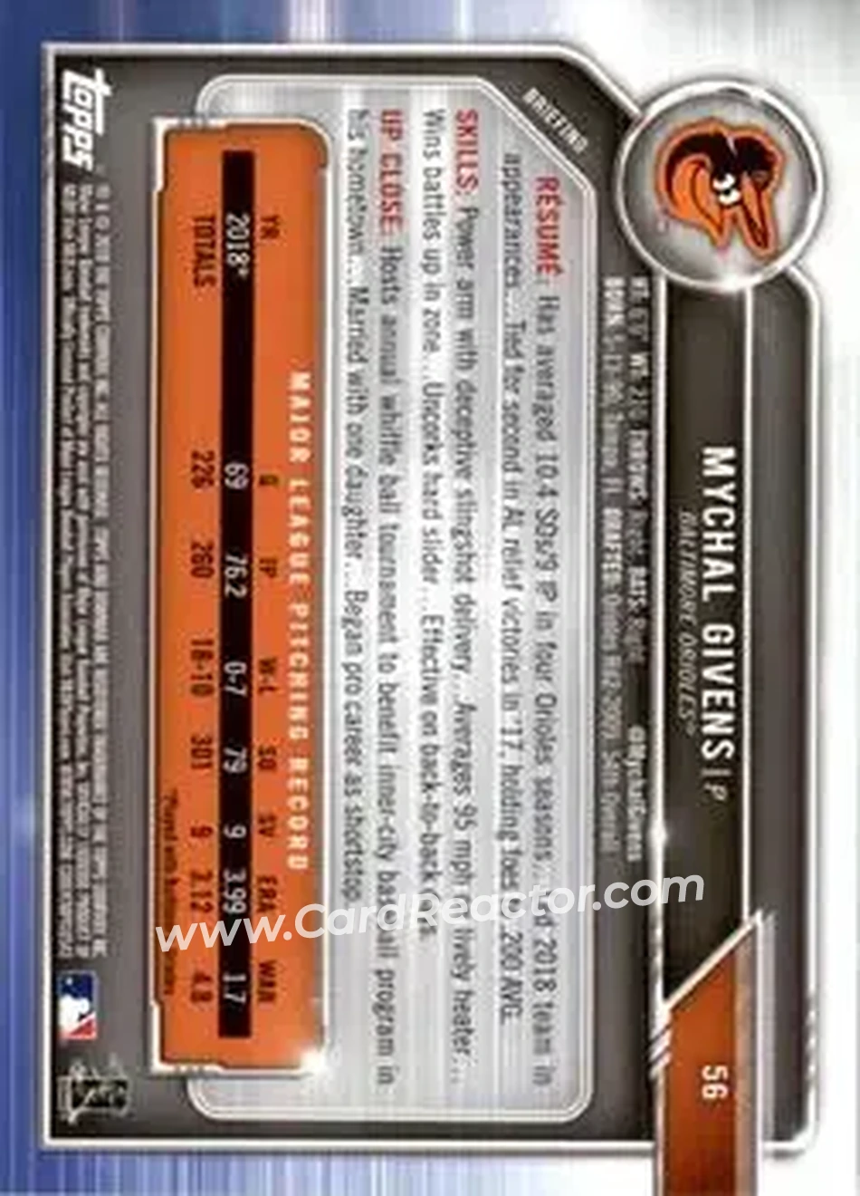 2019 Bowman - Green #56 - Mychal Givens - Baltimore Orioles - Back