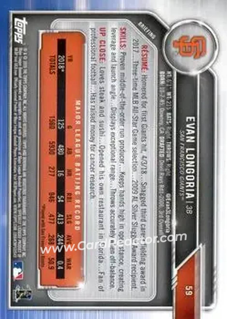 2019 Bowman - Green #59 - Evan Longoria - San Francisco Giants - Back