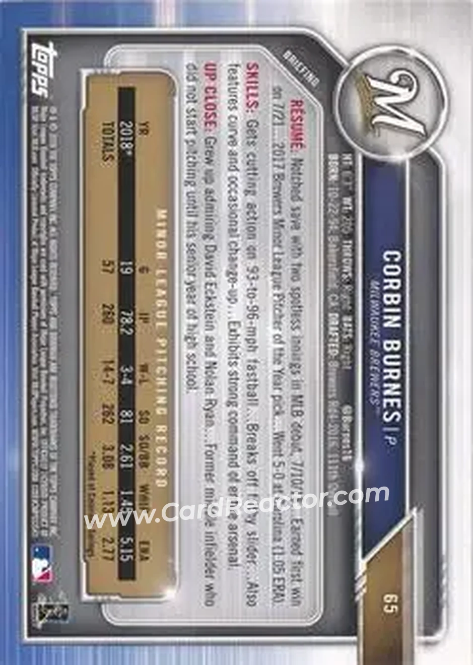 2019 Bowman - Green #65 - Corbin Burnes - Milwaukee Brewers - Back