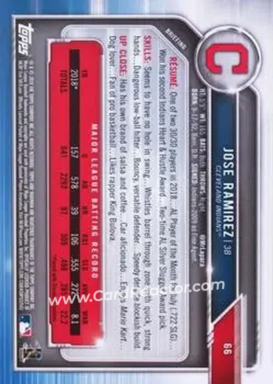 2019 Bowman - Green #66 - José Ramírez - Cleveland Indians - Back 2019 Bowman - Green #66 - José Ramírez - Cleveland Indians - Back