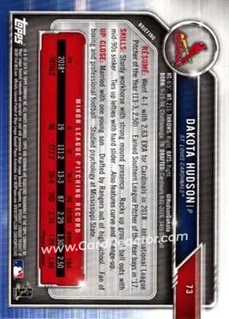 2019 Bowman - Green #73 - Dakota Hudson - St. Louis Cardinals - Back