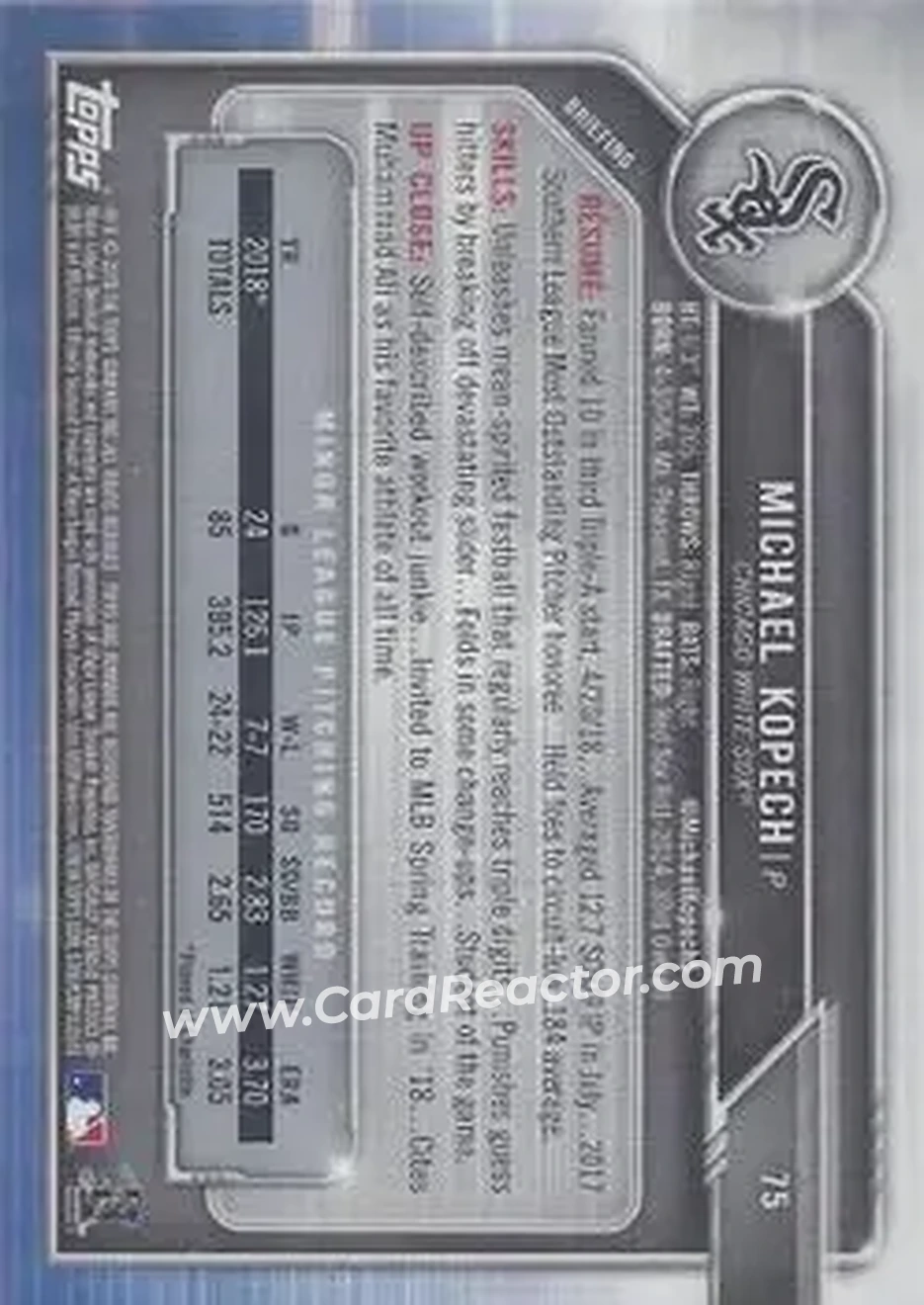 2019 Bowman - Green #75 - Michael Kopech - Chicago White Sox - Back