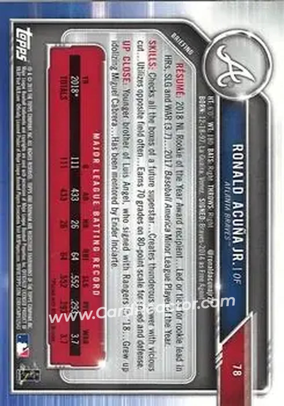 2019 Bowman - Green #78 - Ronald Acuña Jr. - Atlanta Braves - Back 2019 Bowman - Green #78 - Ronald Acuña Jr. - Atlanta Braves - Back