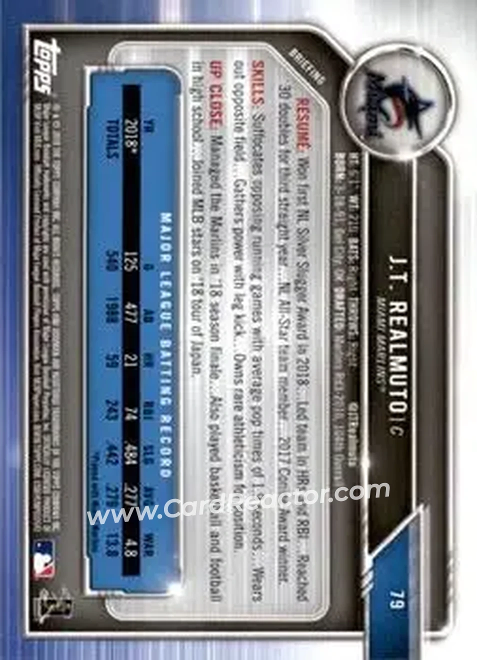 2019 Bowman - Green #79 - J.T. Realmuto - Miami Marlins - Back