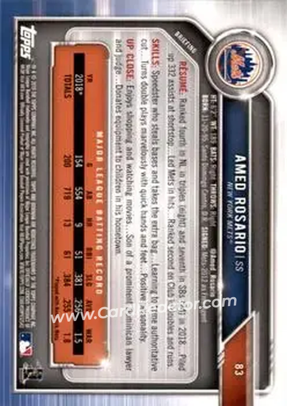2019 Bowman - Green #83 - Amed Rosario - New York Mets - Back