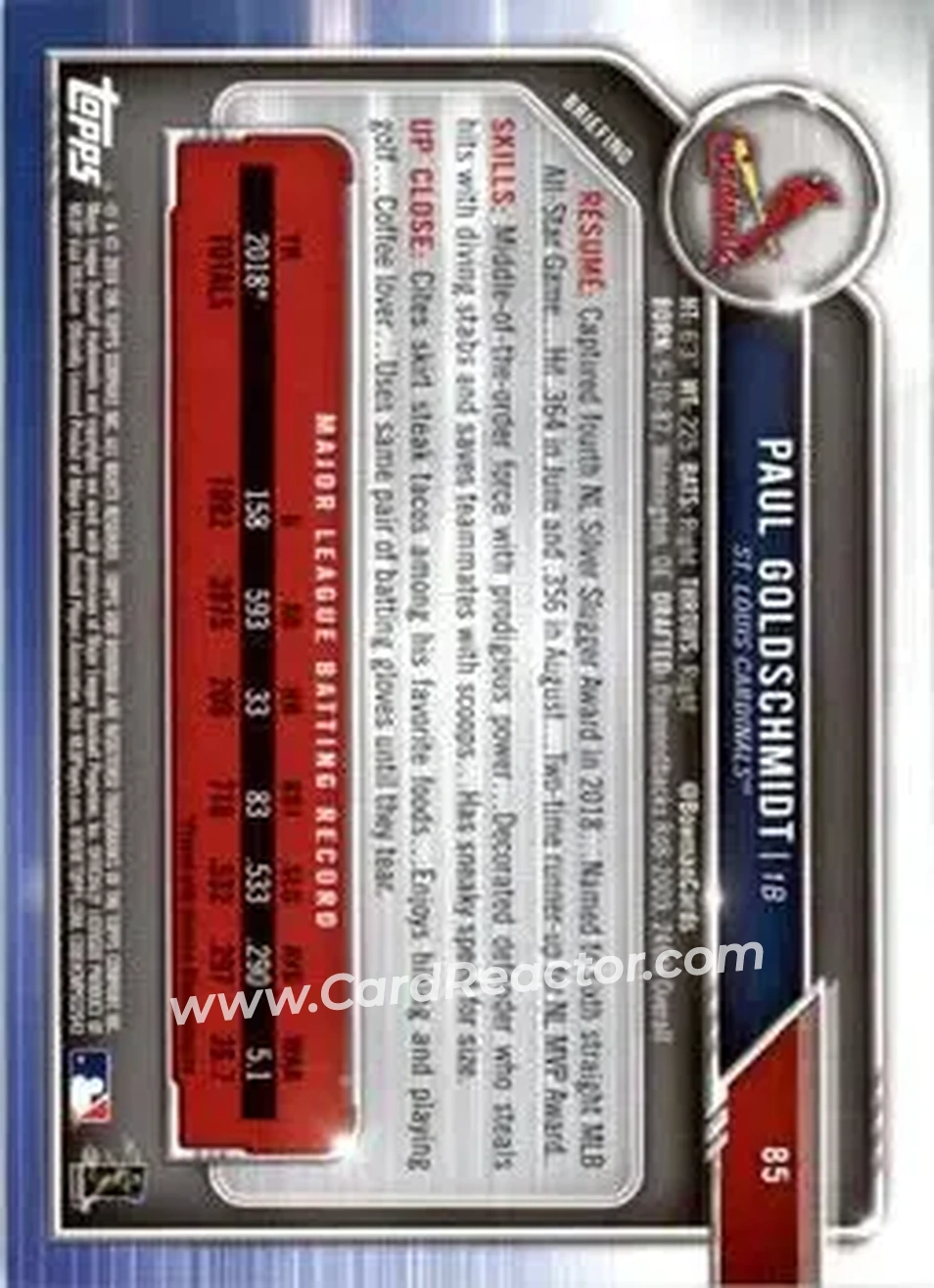 2019 Bowman - Green #85 - Paul Goldschmidt - St. Louis Cardinals - Back