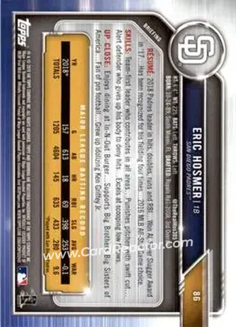 2019 Bowman - Green #86 - Eric Hosmer - San Diego Padres - Back
