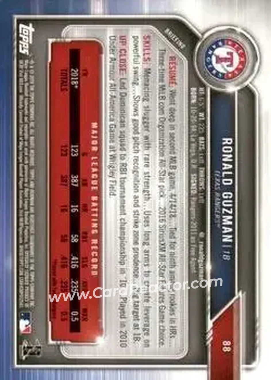2019 Bowman - Green #88 - Ronald Guzman - Texas Rangers - Back