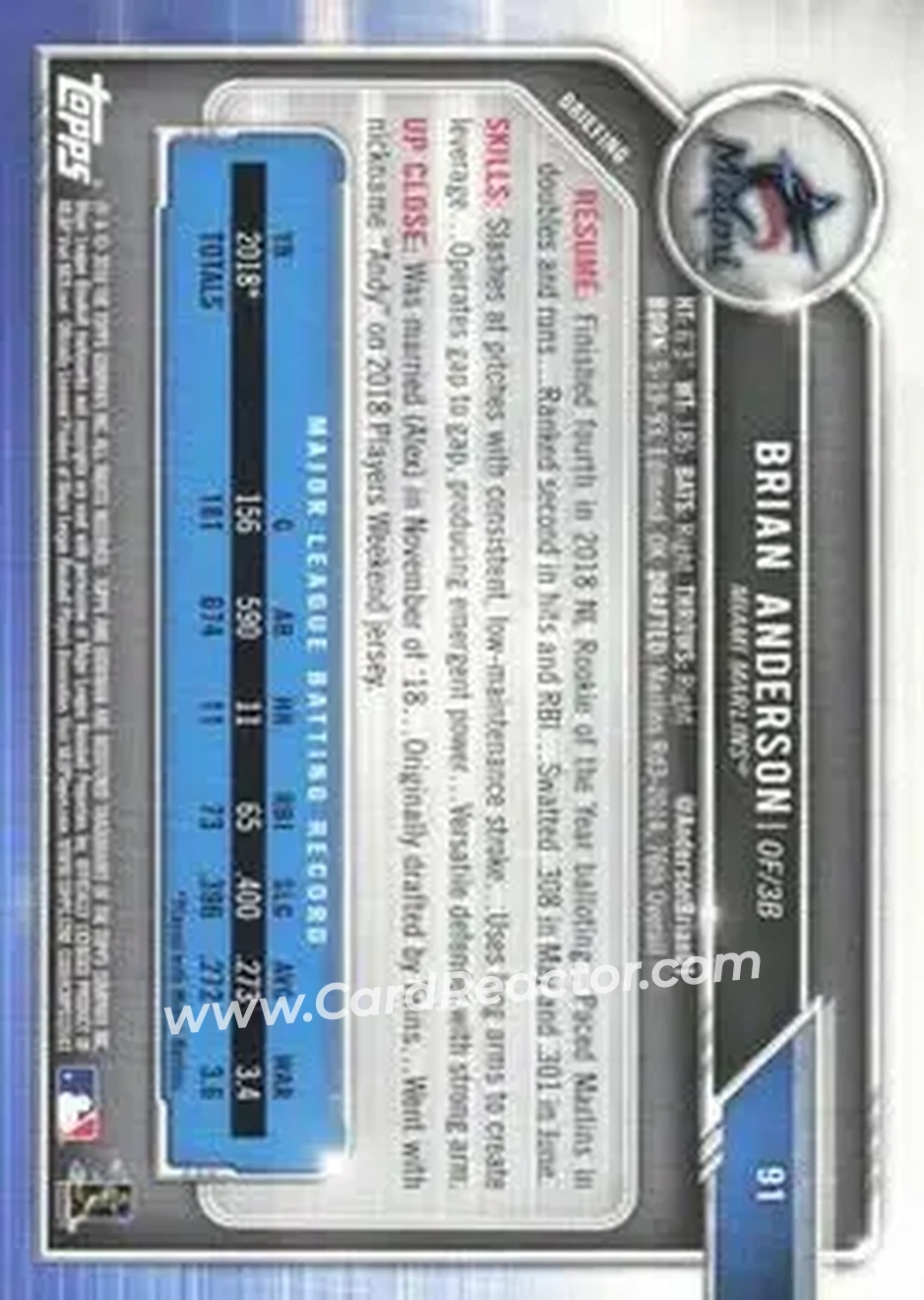 2019 Bowman - Green #91 - Brian Anderson - Miami Marlins - Back