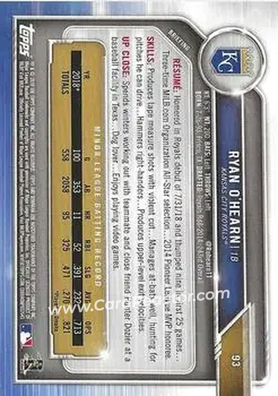 2019 Bowman - Green #93 - Ryan O’Hearn - Kansas City Royals - Back