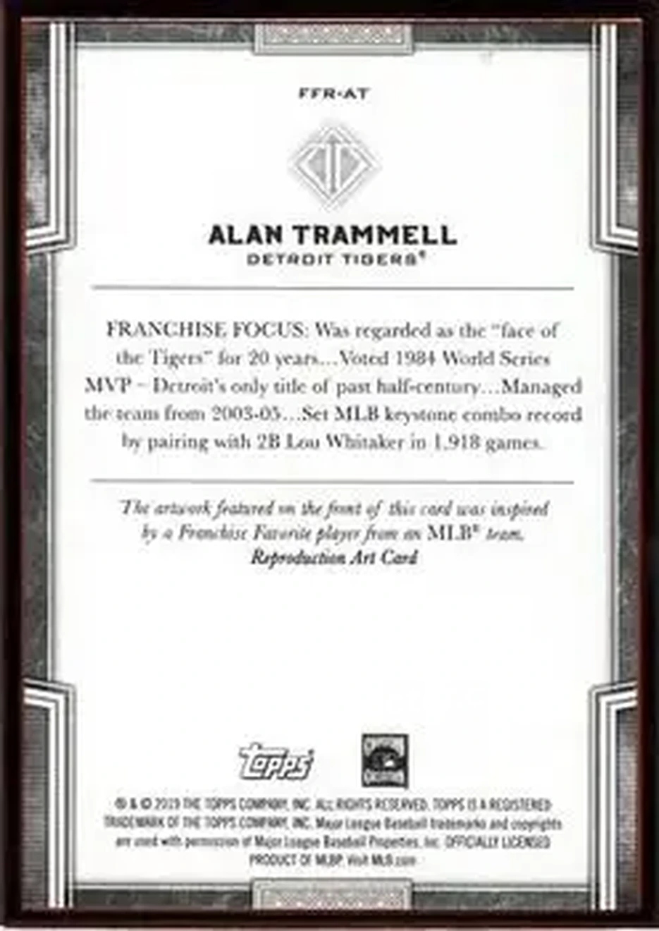 2019 Topps Transcendent Collection - Franchise Favorites Reproductions #FFR-AT - Alan Trammell - Detroit Tigers - Back