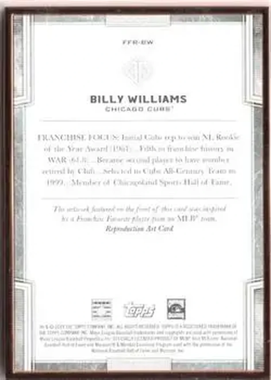 2019 Topps Transcendent Collection - Franchise Favorites Reproductions #FFR-BW - Billy Williams - Chicago Cubs - Back