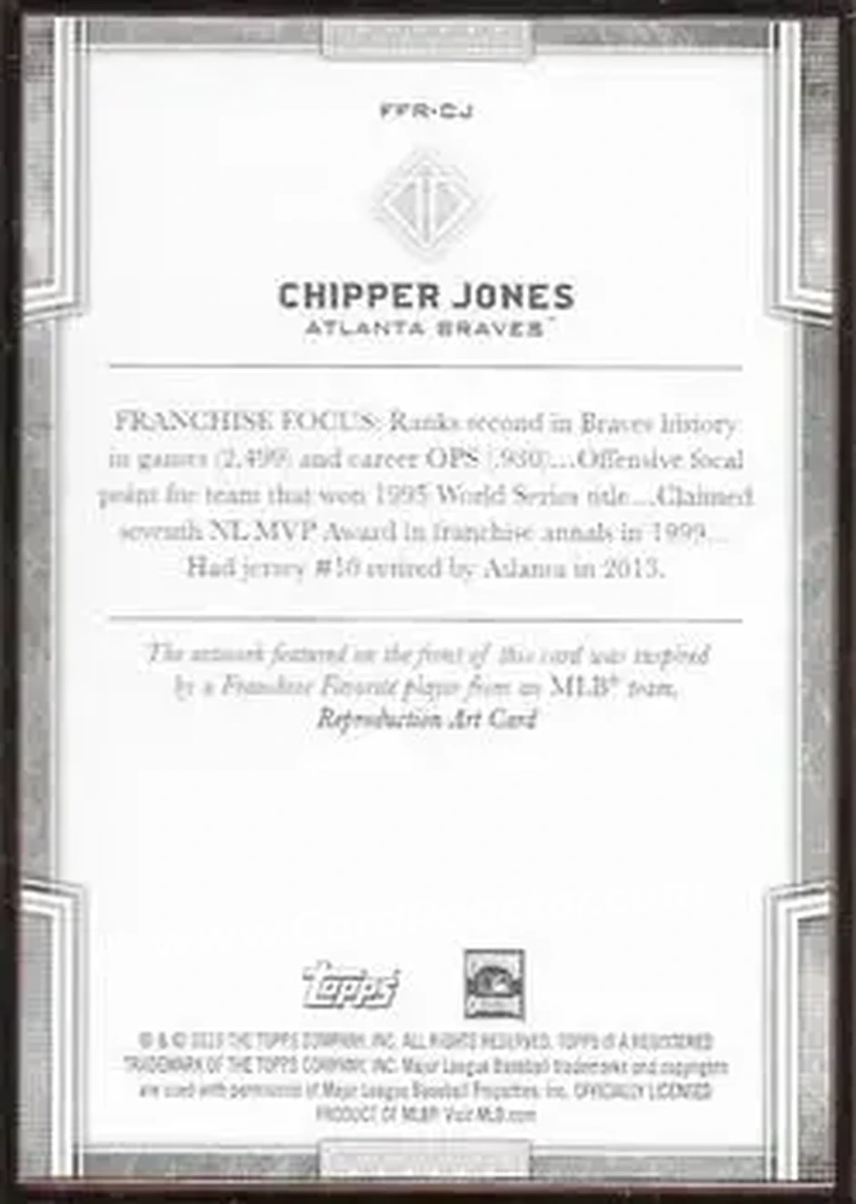 2019 Topps Transcendent Collection - Franchise Favorites Reproductions #FFR-CJ - Chipper Jones - Atlanta Braves - Back