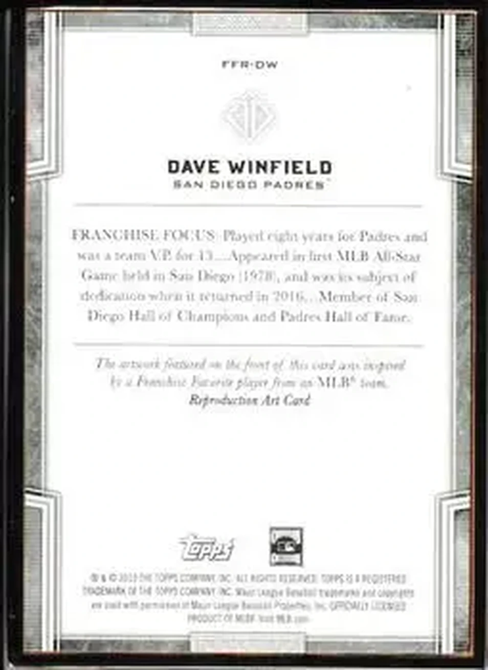 2019 Topps Transcendent Collection - Franchise Favorites Reproductions #FFR-DW - Dave Winfield - San Diego Padres - Back