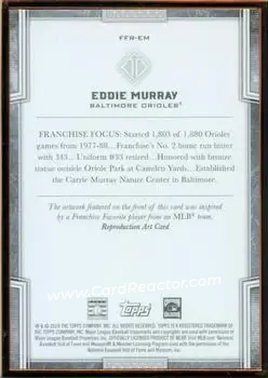 2019 Topps Transcendent Collection - Franchise Favorites Reproductions #FFR-EM - Eddie Murray - Baltimore Orioles - Back