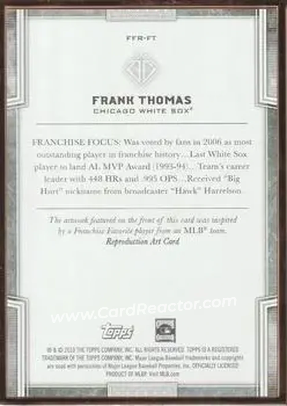 2019 Topps Transcendent Collection - Franchise Favorites Reproductions #FFR-FT - Frank Thomas - Chicago White Sox - Back