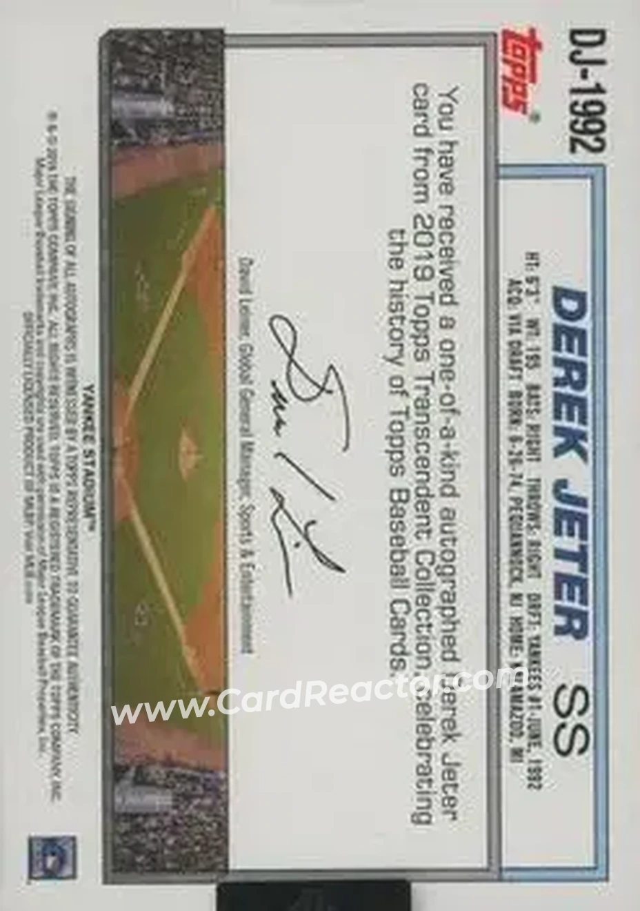 2019 Topps Transcendent Collection - Derek Jeter Through the Years Autographs #DJ-1992 - Derek Jeter - New York Yankees - Back