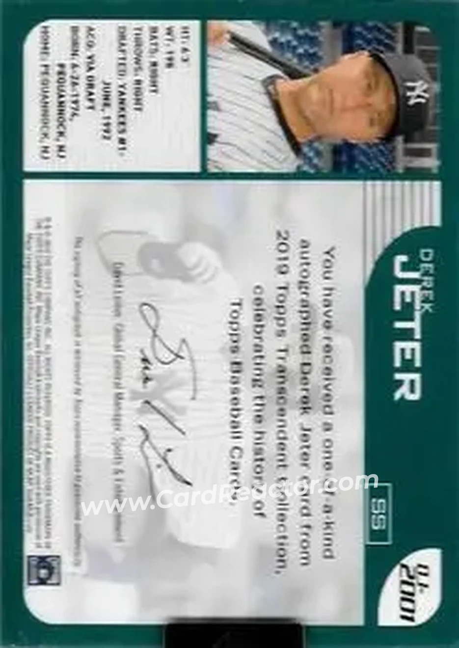 2019 Topps Transcendent Collection - Derek Jeter Through the Years Autographs #DJ-2001 - Derek Jeter - New York Yankees - Back