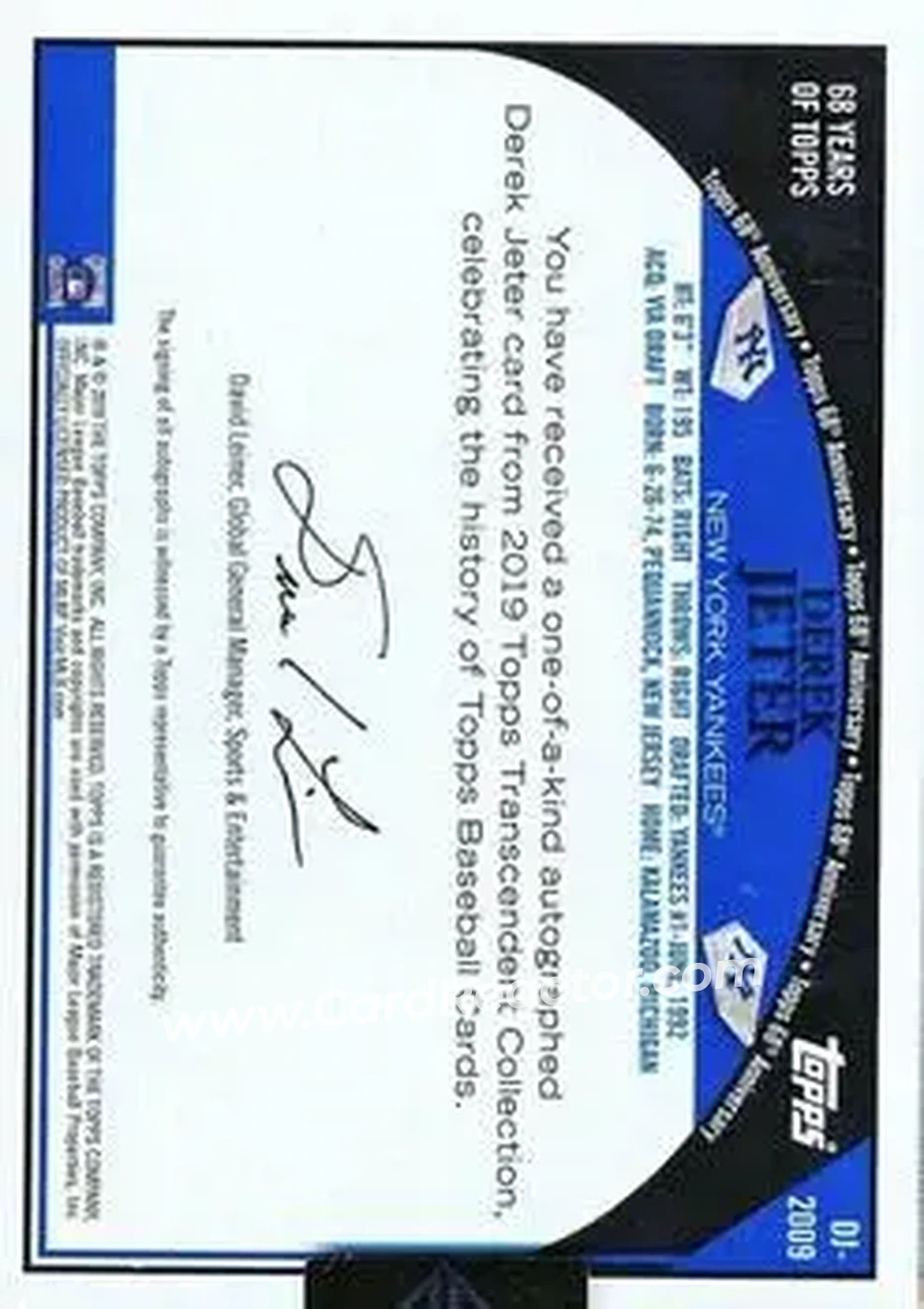 2019 Topps Transcendent Collection - Derek Jeter Through the Years Autographs #DJ-2009 - Derek Jeter - New York Yankees - Back