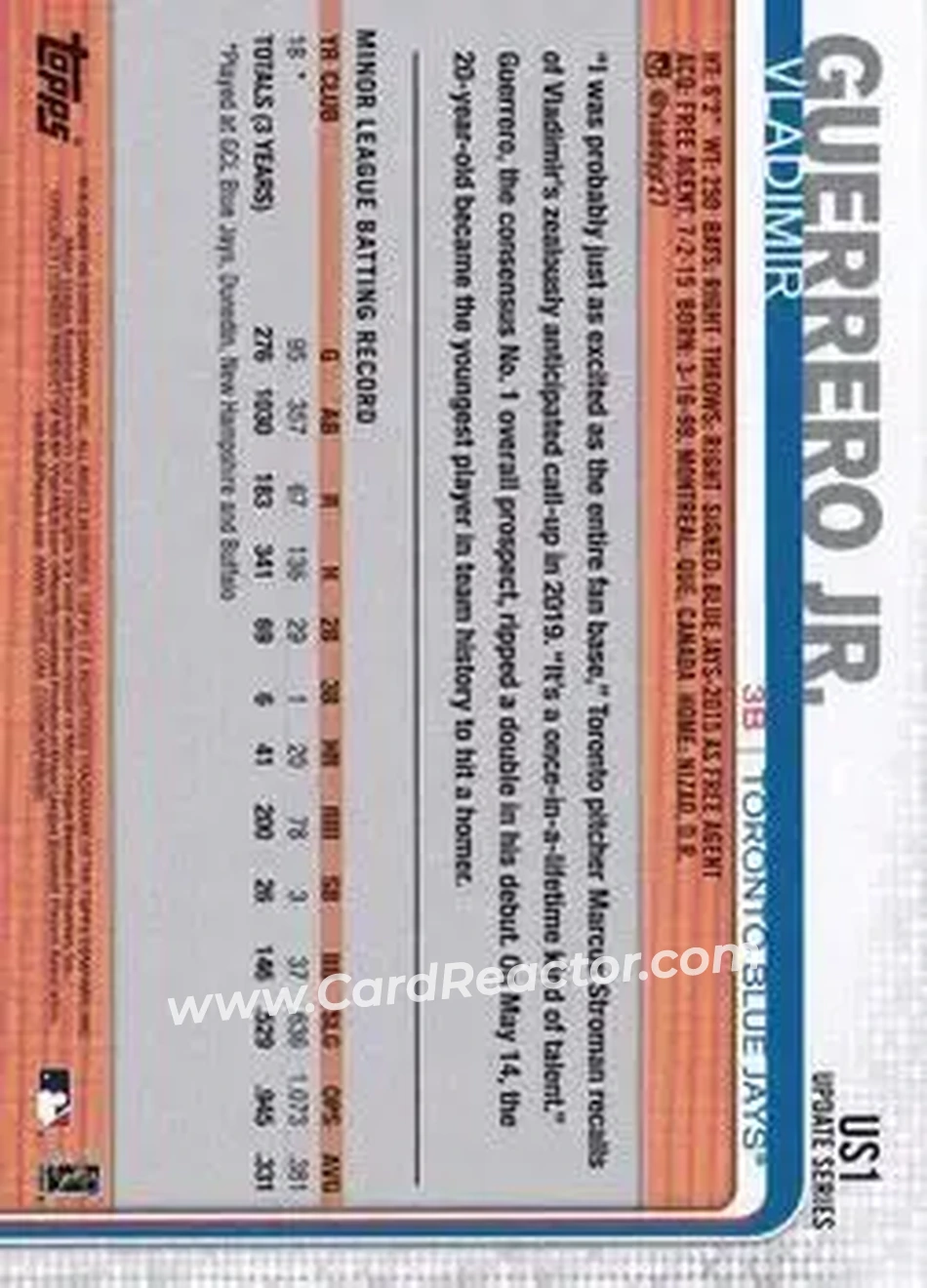 2019 Topps Update #US1b - Vladimir Guerrero Jr. - Toronto Blue Jays - Back 2019 Topps Update #US1b - Vladimir Guerrero Jr. - Toronto Blue Jays - Back