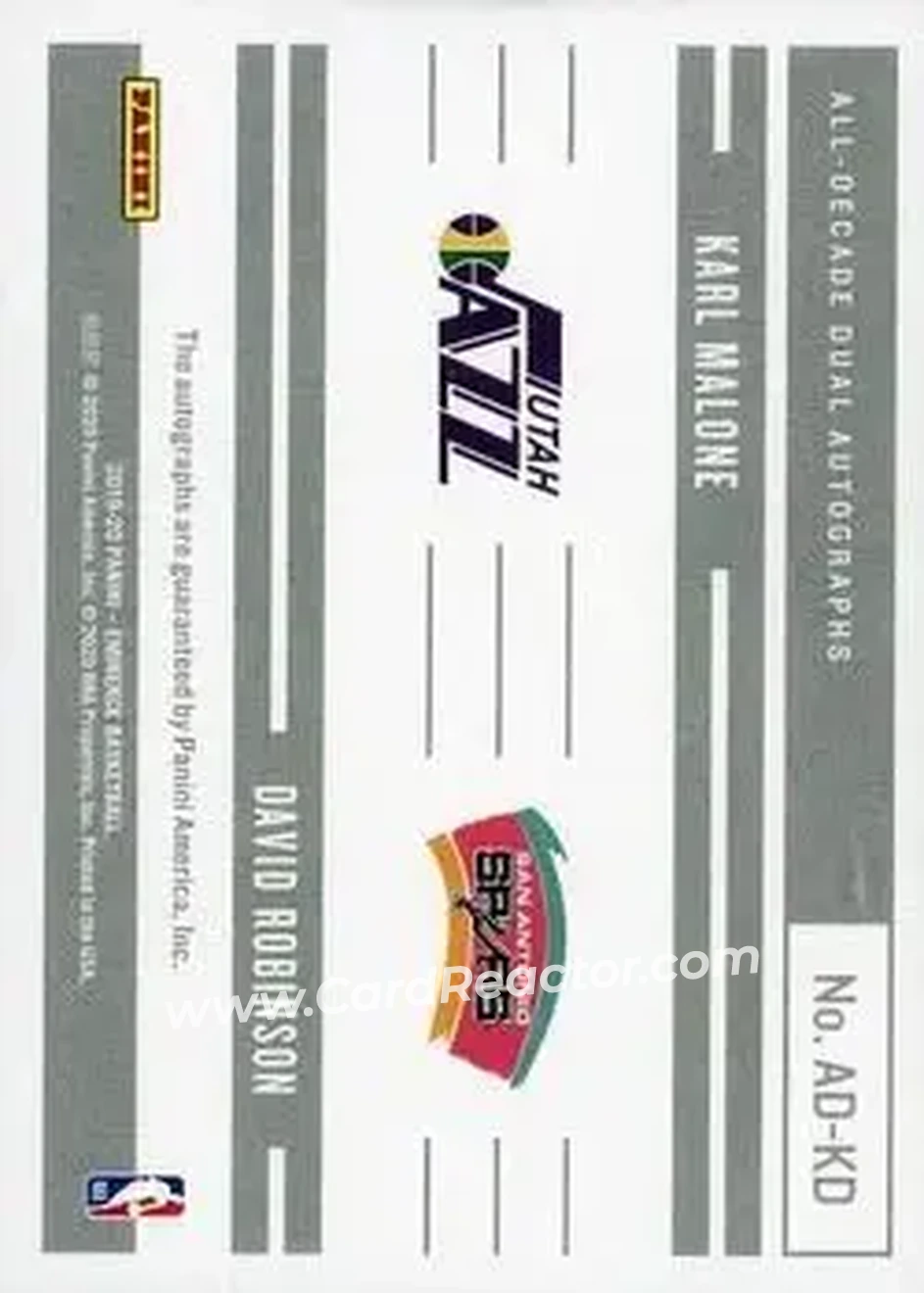 2019-20 Panini Eminence - All-Decade Dual Autographs Platinum #AD-KD - David Robinson - Karl Malone AU, SN1 - San Antonio Spurs - Utah Jazz - Back