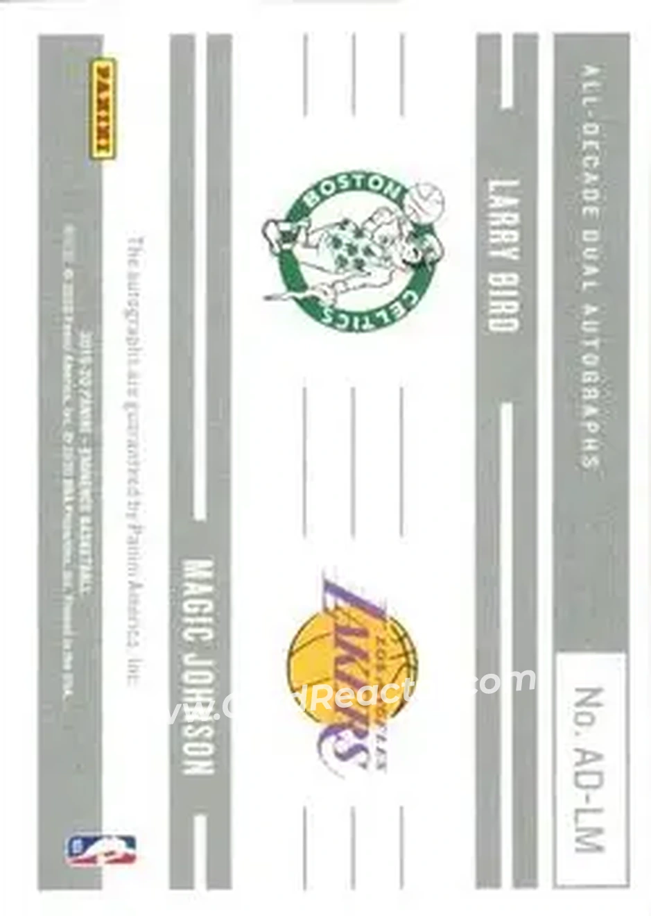 2019-20 Panini Eminence - All-Decade Dual Autographs Platinum #AD-LM - Larry Bird - Magic Johnson AU, SN1 - Boston Celtics - Los Angeles Lakers - Back