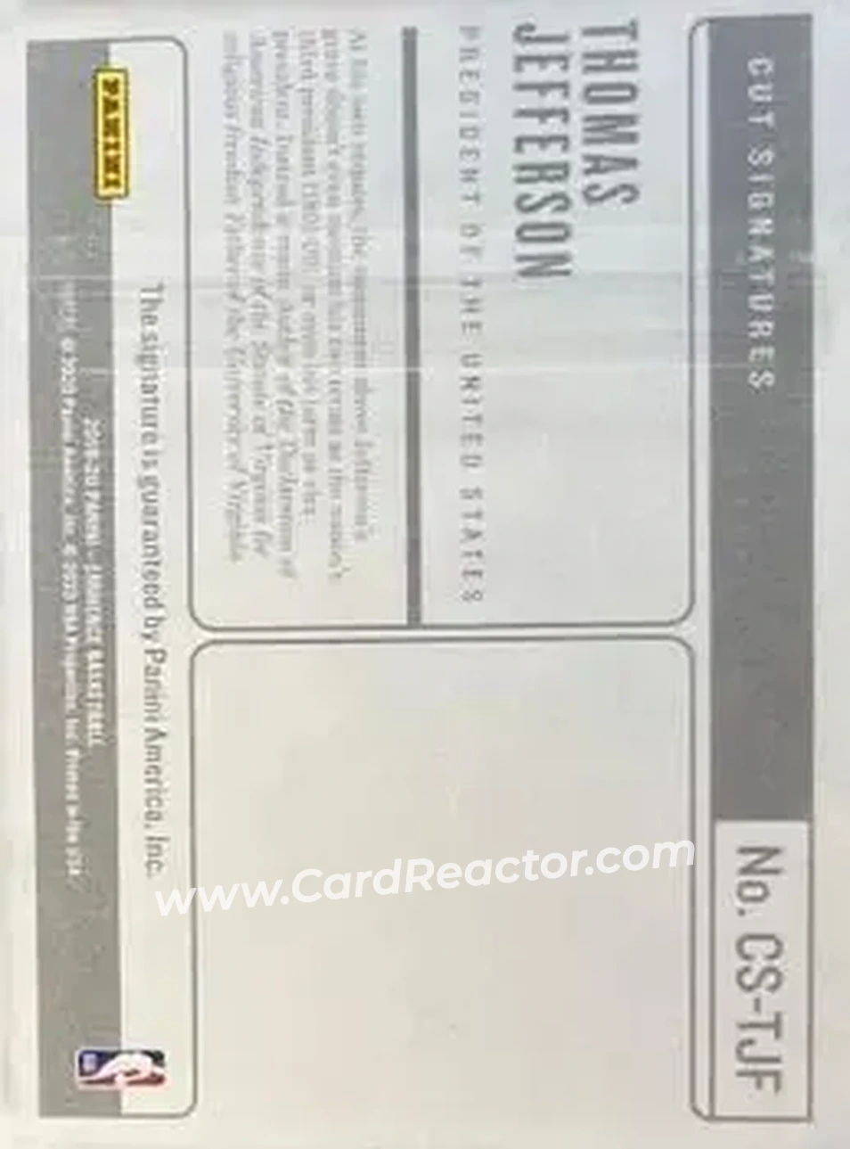 2019-20 Panini Eminence - Cut Signatures #CS-TJF - Thomas Jefferson - Back 2019-20 Panini Eminence - Cut Signatures #CS-TJF - Thomas Jefferson - Back