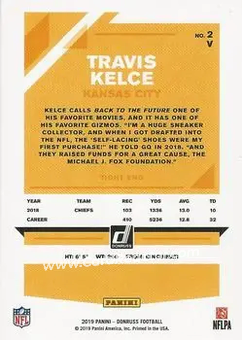 2019 Donruss #2V - Travis Kelce - Kansas City Chiefs - Back