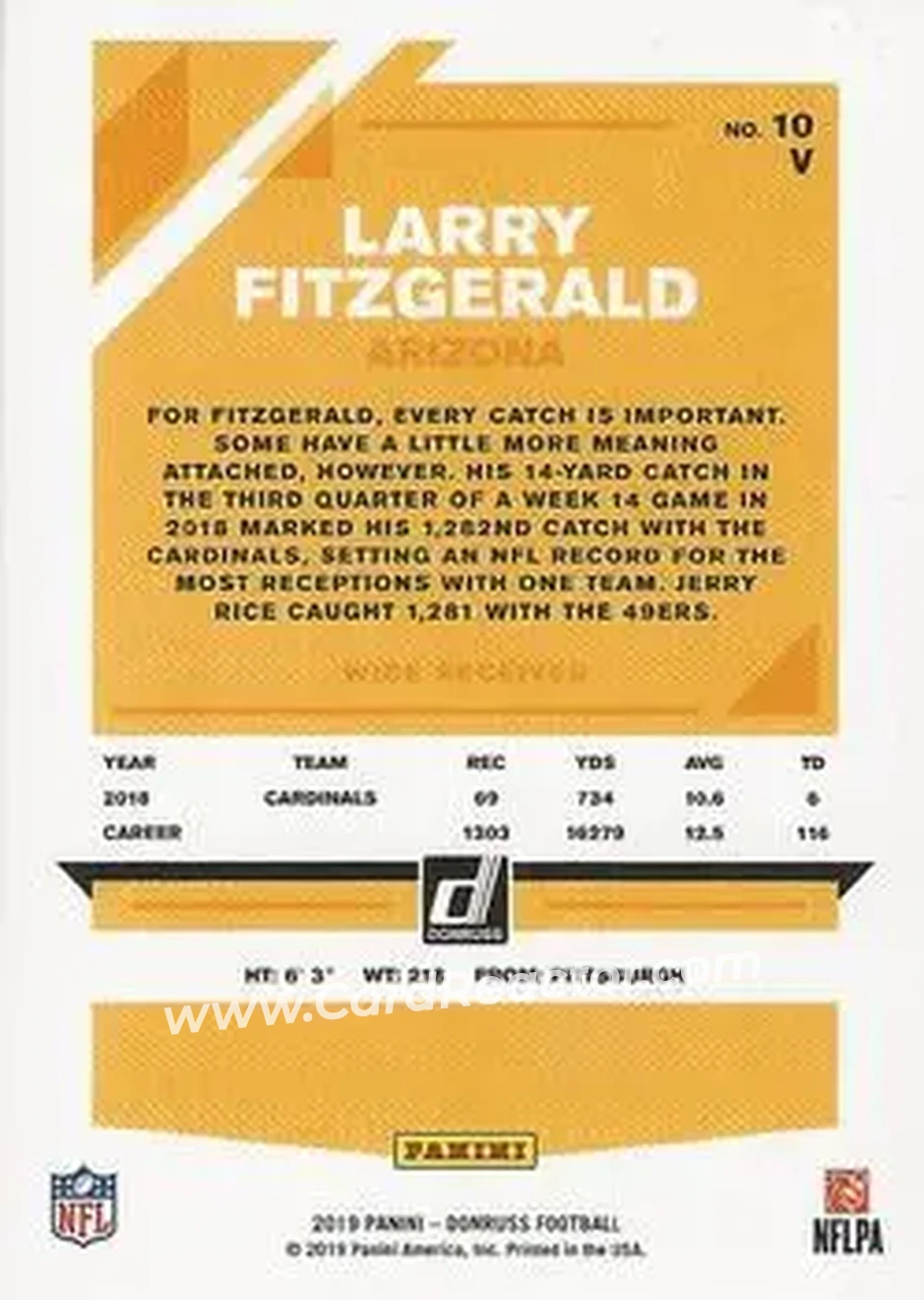 2019 Donruss #10V - Larry Fitzgerald - Arizona Cardinals - Back