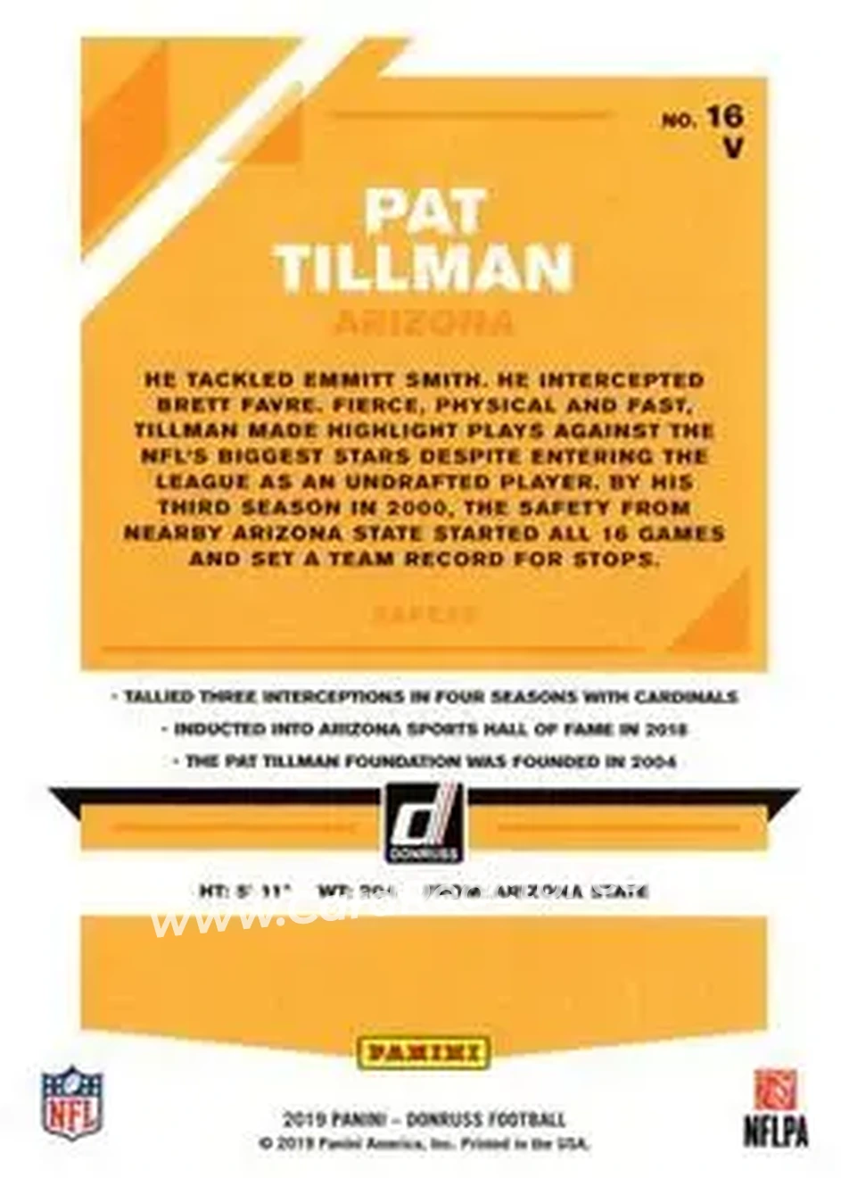 2019 Donruss #16V - Pat Tillman - Arizona Cardinals - Back