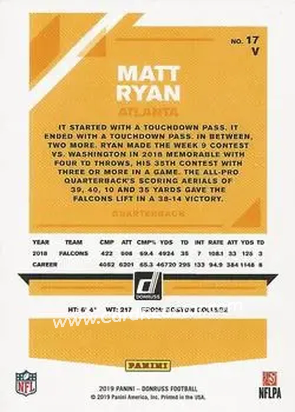 2019 Donruss #17V - Matt Ryan - Atlanta Falcons - Back