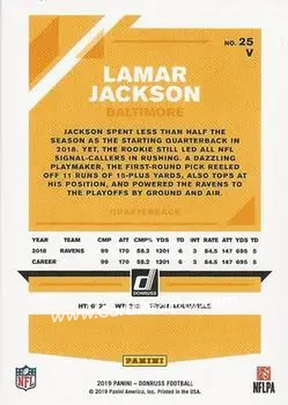 2019 Donruss #25V - Lamar Jackson - Baltimore Ravens - Back