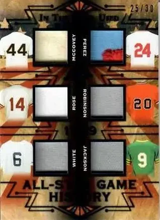 2019 Leaf In the Game Used - All-Star Game History 6 Relics #ASG-02 - Willie McCovey - Tony Perez - Pete Rose - Frank Robinson - Roy White - Reggie Jackson MEM, SN30