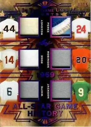 2019 Leaf In the Game Used - All-Star Game History 6 Relics Purple #ASG-02 - Willie McCovey - Tony Perez - Pete Rose - Frank Robinson - Roy White - Reggie Jackson MEM