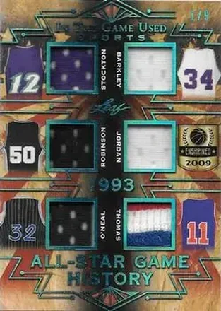 2019 Leaf In the Game Used - All-Star Game History 6 Relics Platinum Blue #ASG-12 - John Stockton - Charles Barkley - David Robinson - Michael Jordan - Shaquille O'Neal - Isiah Thomas MEM, SN9 - Utah Jazz - Philadelphia 76ers - Orlando Magic - Chicago Bulls - San Antonio Spurs - Detroit Pistons