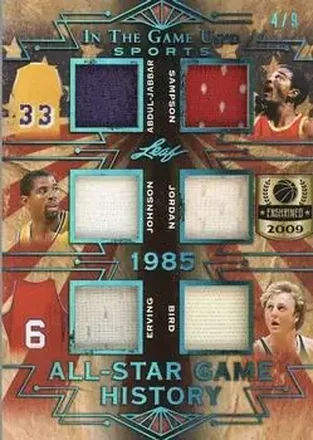 2019 Leaf In the Game Used - All-Star Game History 6 Relics Platinum Blue #ASG-14 - Kareem Abdul-Jabbar - Ralph Sampson - Magic Johnson - Michael Jordan - Julius Erving - Larry Bird MEM, SN9 - Los Angeles Lakers - Philadelphia 76ers - Houston Rockets - Chicago Bulls - Boston Celtics