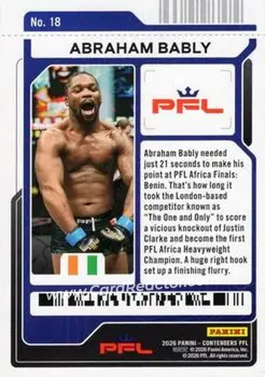 2026 Panini Contenders PFL - Playoff Ticket #18 - Abraham Bably - Back 2026 Panini Contenders PFL - Playoff Ticket #18 - Abraham Bably - Back