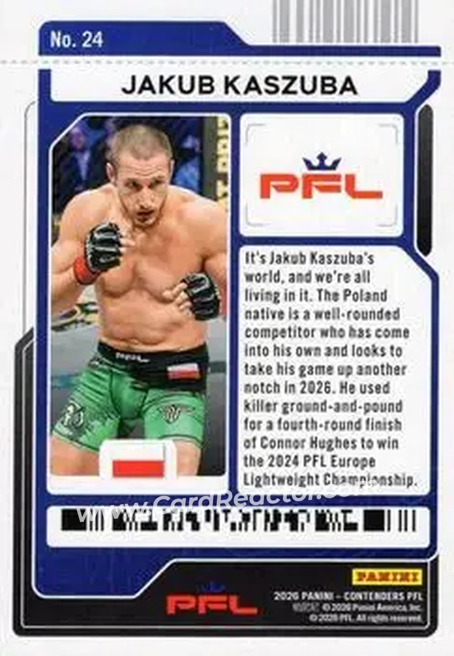 2026 Panini Contenders PFL - Playoff Ticket #24 - Jakub Kaszuba - Back 2026 Panini Contenders PFL - Playoff Ticket #24 - Jakub Kaszuba - Back