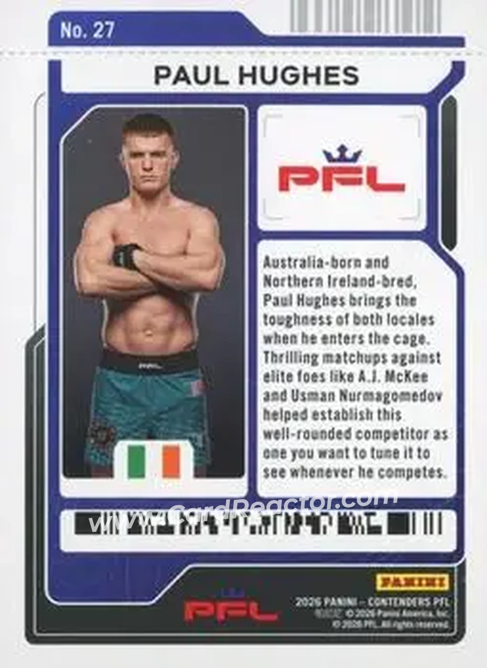 2026 Panini Contenders PFL - Playoff Ticket #27 - Paul Hughes - Back 2026 Panini Contenders PFL - Playoff Ticket #27 - Paul Hughes - Back