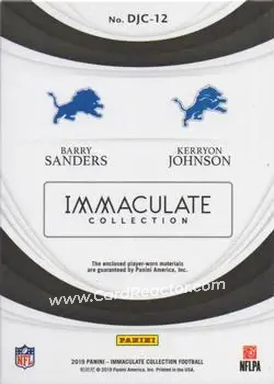 2019 Panini Immaculate Collection - Immaculate Dual Jersey Combos #DJC-12 - Barry Sanders - Kerryon Johnson MEM, SN50 - Detroit Lions - Detroit Lions - Back