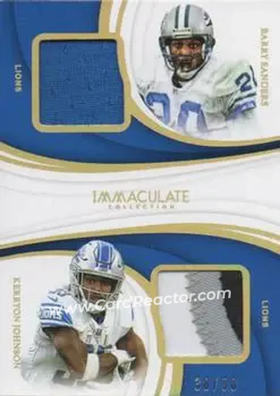 2019 Panini Immaculate Collection - Immaculate Dual Jersey Combos #DJC-12 - Barry Sanders - Kerryon Johnson MEM, SN50 - Detroit Lions - Detroit Lions - Front