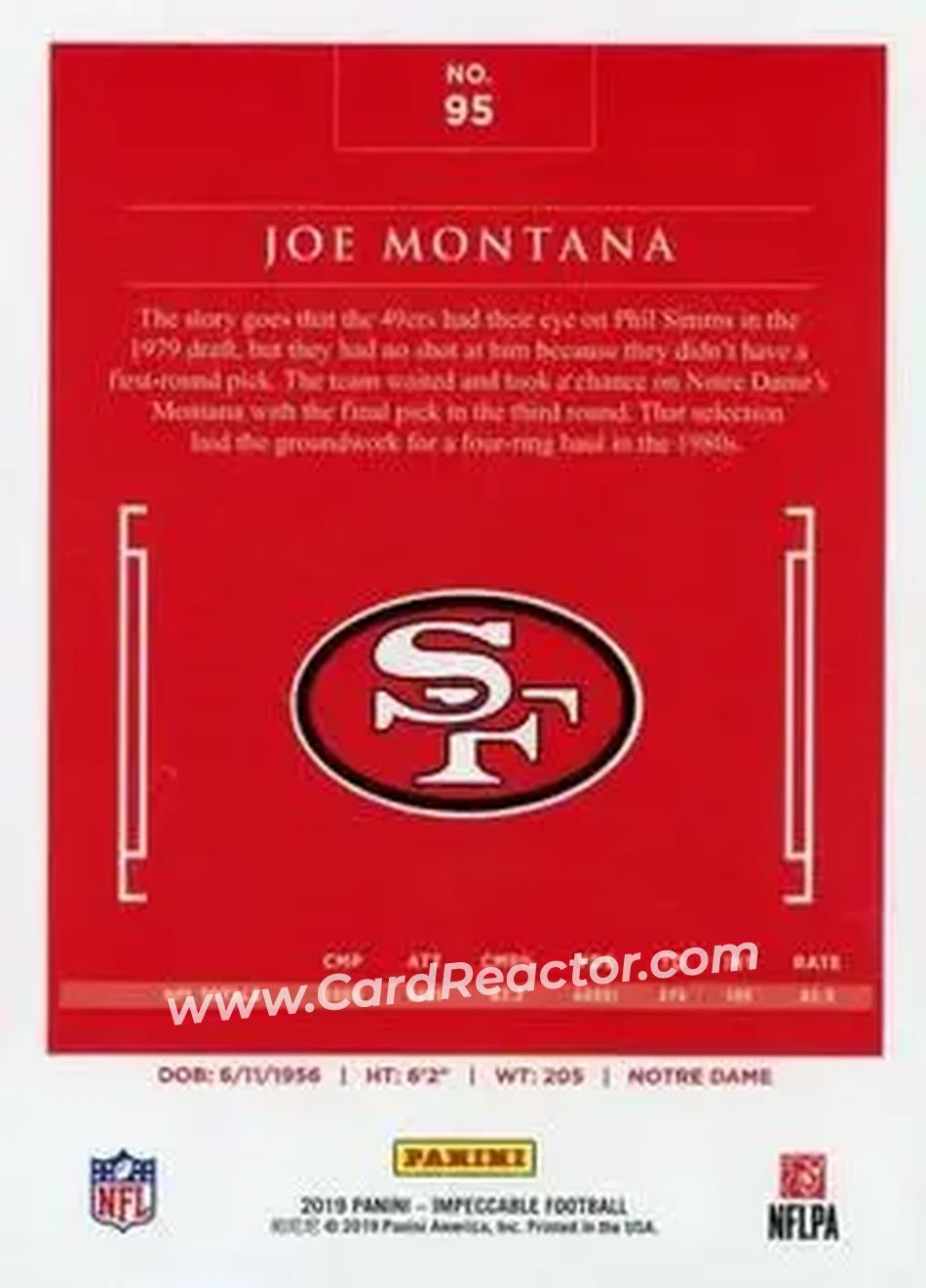 2019 Panini Impeccable - Emerald #95 - Joe Montana - San Francisco 49ers - Back